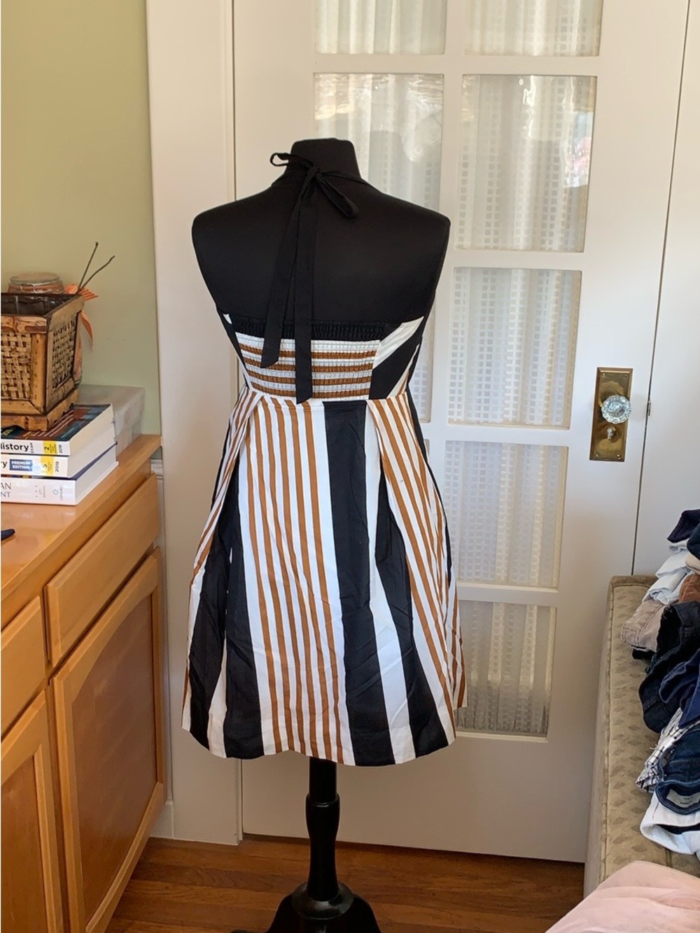 Moulinette Soeurs Strapless Striped Dress in Black, White & Brown - Picture 6 of 8